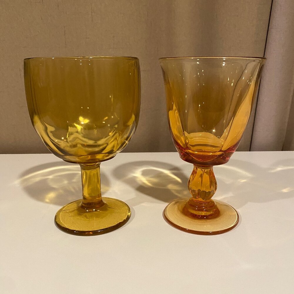 Vintage Amber Glass Goblets Set of 2 – 6 Tall Mixed Styles